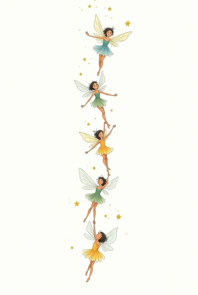 several playful fairies flying in a column, they are holding hands, the drawing has no filling, Drawing to paint