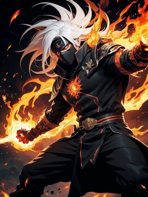 A character with an imposing and energetic appearance, wrapped in intense flames of vibrant colors ranging from orange to purple, creating a feeling of overwhelming power. His hair is white and messy, contrasting with a black mask covering his eyes, giving...