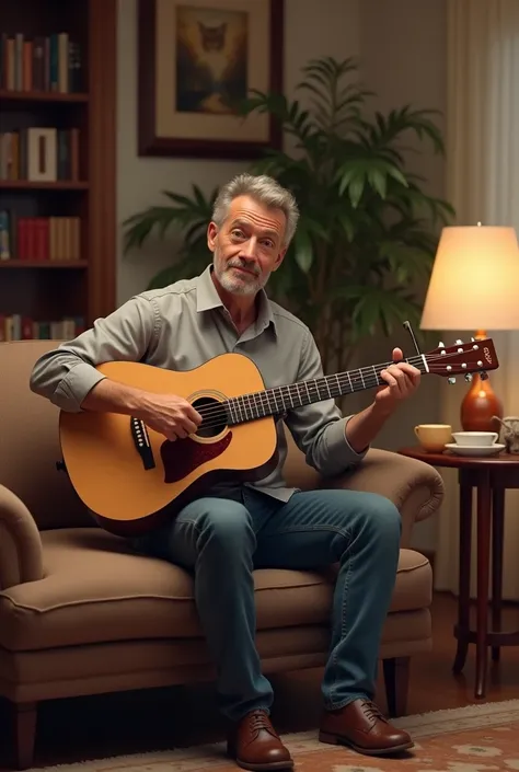 Man sitting in living room with guitar Maximum realistic image