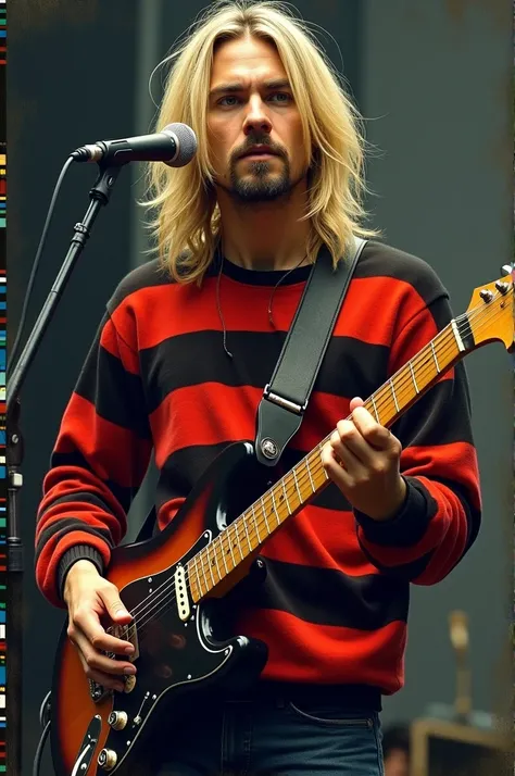 A blond man(kurt cobain) in red and black striped clothes playing guitar 