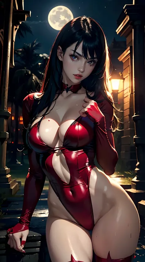 Sexy Vampirella in a red deep V swimsuit, night in the cemetery, oily and shiny skin, Red eyes) athletic and fit body, mischievous, horny, perfect hands, Detailed hands, Perfect eyes, detailed eyes, flirtatious, sexy, mischievous, big happy , realist, HdR,...