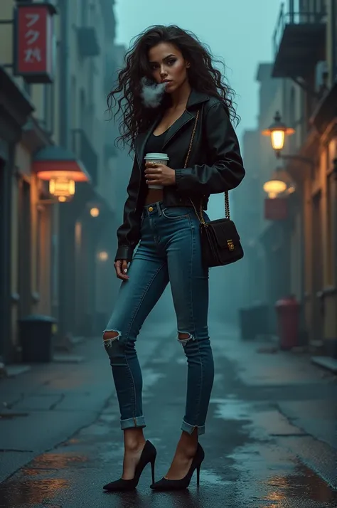 One with jeans and high heels, curly hair with eyeliner and a hot liter in her mouth with a bag on her back