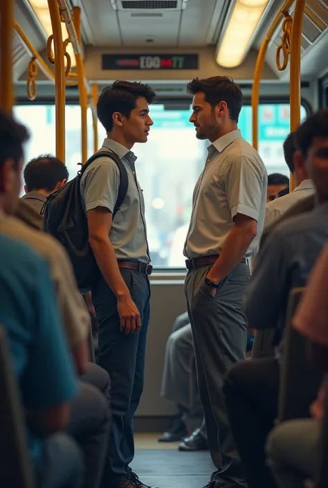 Office worker and male student talking on the bus


 