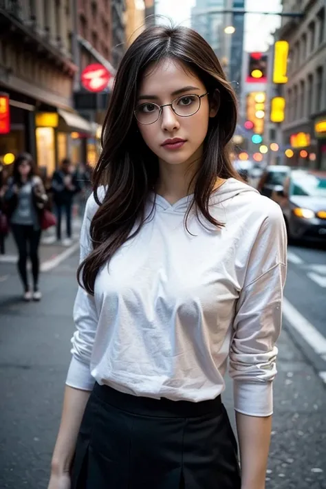 Photo of a beautiful woman standing on a street corner, (masterpiece:1.2, Highest quality), (Realistic, photoRealistic:1.4), Beautiful illustrations, (Natural Side Lighting, Cinema Lighting), Written boundary depth, Beautiful thighs staring at the viewer, ...