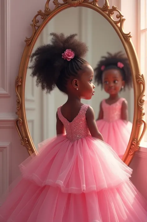 An ebony white Nigerian 4years baby girl wearing a pink ball gown and standing near a mirror 