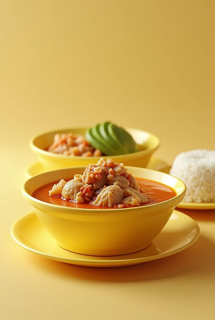 (photorealism:1.2), yellow styrofoam bowl with soup with a portion of chicken on top of the soup , Next to it a separate styrofoam plate with rice and a portion of avocado. The two plates are left next to each other.