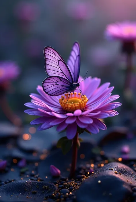 Generate a YouTube banner with the following characteristics: 
A purple butterfly perched on a Japanese hellflower with black and gold scales scattered on the ground Size 1200 x 480