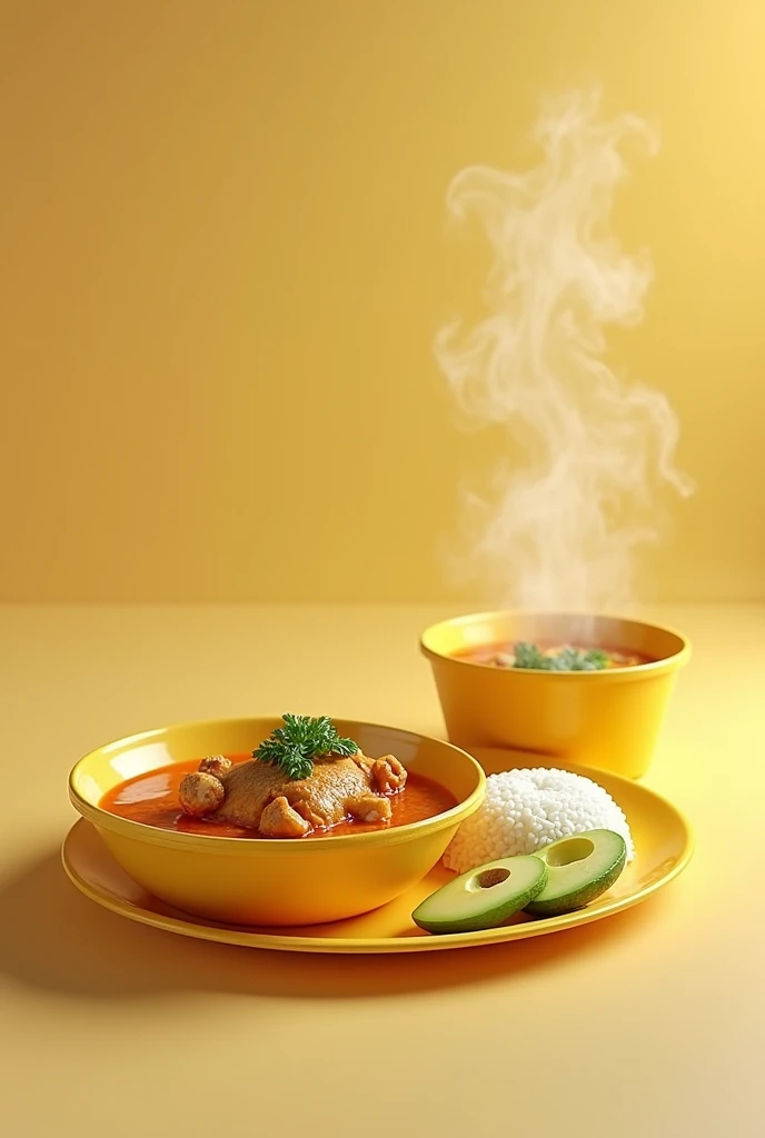 (photorealism:1.2), Improve image yellow styrofoam bowl with soup with a portion of chicken on top of the soup , Next to it a separate styrofoam plate with rice and a portion of avocado. The two plates are left next to each other..