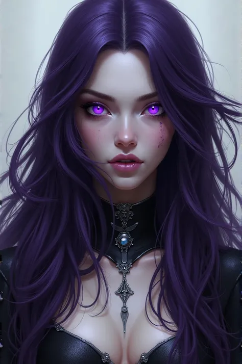 Clear, Here is a more detailed description:

This man has a striking and enigmatic appearance. Her hair is long and a deep purple shade., that moves gently in the wind. His eyes are black, But what really stands out are his purple pupils., which give it a ...