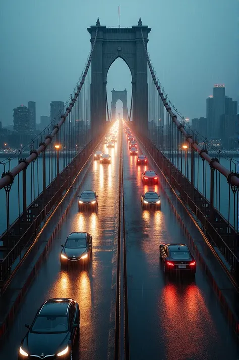 A shot of a bridge filled with cars in a rainy day, volumetric lighting, wide angle shot. 