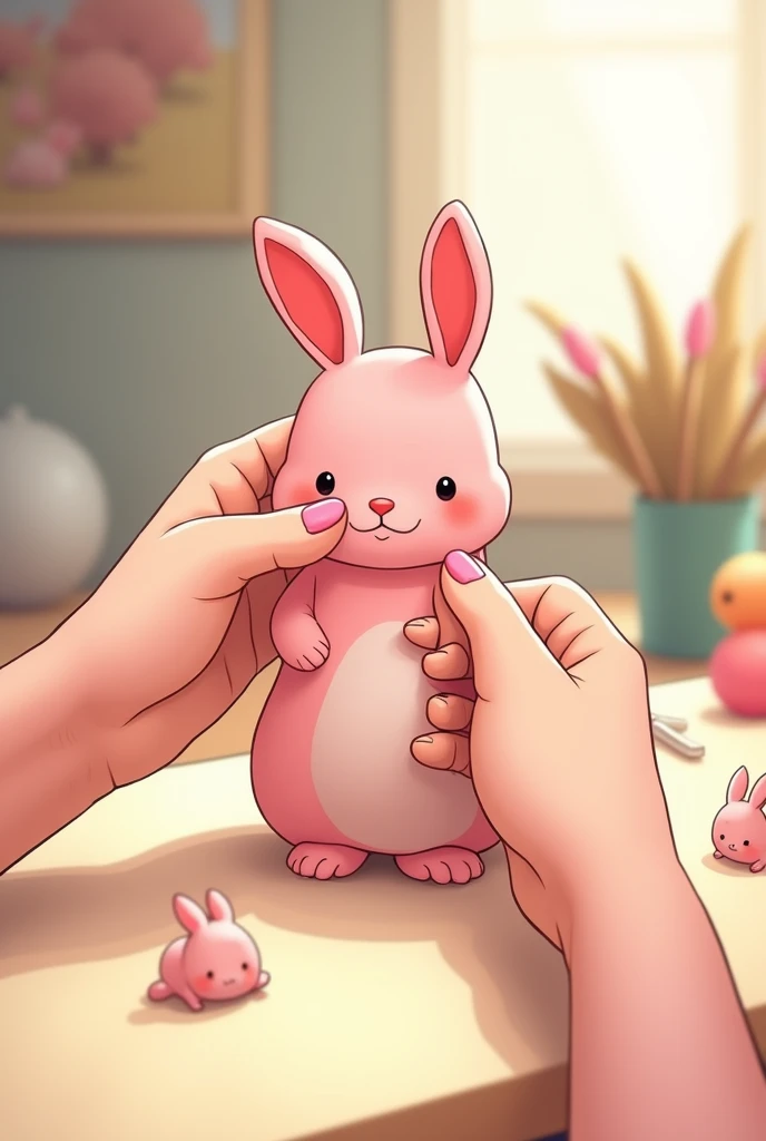 Draw some hands making a bunny sculpture(2D drawing type GHIBLI study and with pink colors) chibi
