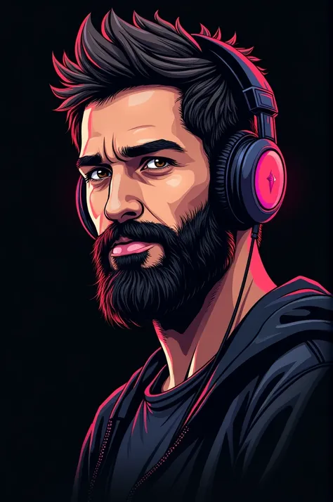 a man with a beard and headphones in front of a black background with the words, discord profile picture, twitch streamer, streaming on twitch, 8 k rez, /r/razer, in style of apex legends, avatar for website, twitch streamer / gamer ludwig, daz, ratz, in g...