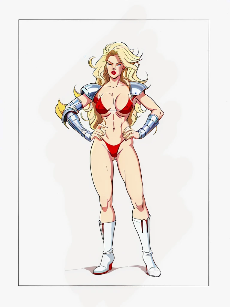 warrioress,blonde,red boots,red bikini red shoulder pads,blonde hairHigh resolution, precise, best qualityer, 