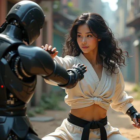 realistic photo of a (pretty girl, 20 years old, brunette, black eyes) fighting with a katana against a ninja robot , (full lips) , ((perfect face)), [[mild smile]], proportionate body,mixed white-latina herritage, beautyfull, beautyfull face, tanned skin,...