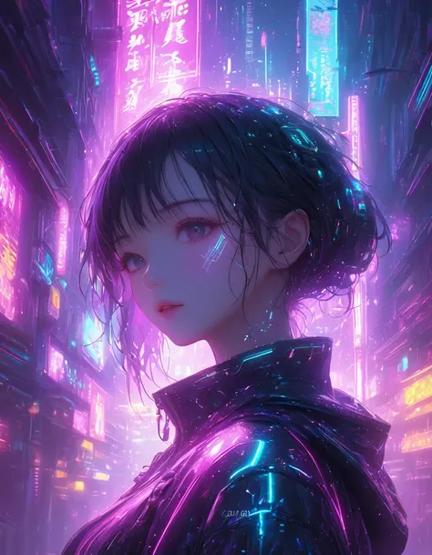 close face anime girl in cyberpunk universe 4k hd ultra grapics neon lighst ambiants