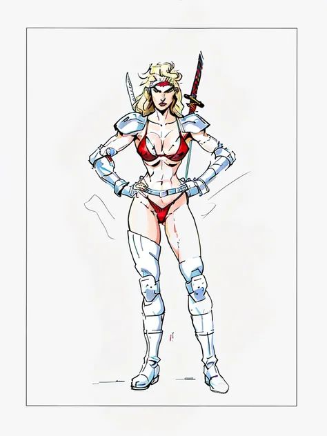 warrioress,blonde,red boots,red bikini red shoulder pads,karate headband,two swords on the back, high resolution, precise, best qualityer, 