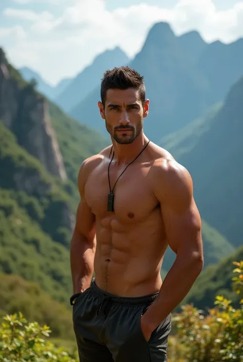 hot sexy Colombian man, shirtless, no beard, standing in the mountains, realistic photo, vibrant colors, natural lighting, high detail, 8k resolution, stunning landscape background, captivating pose