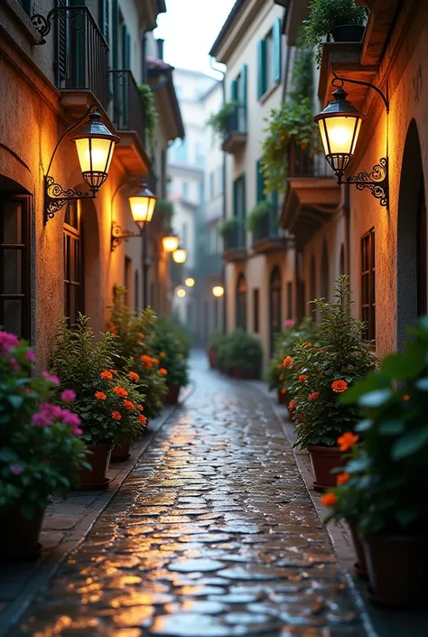 Narrow cobblestone street wet from the rain next to tall old houses in front of flower pots with black floor lamps in a late afternoon in Europe 3D