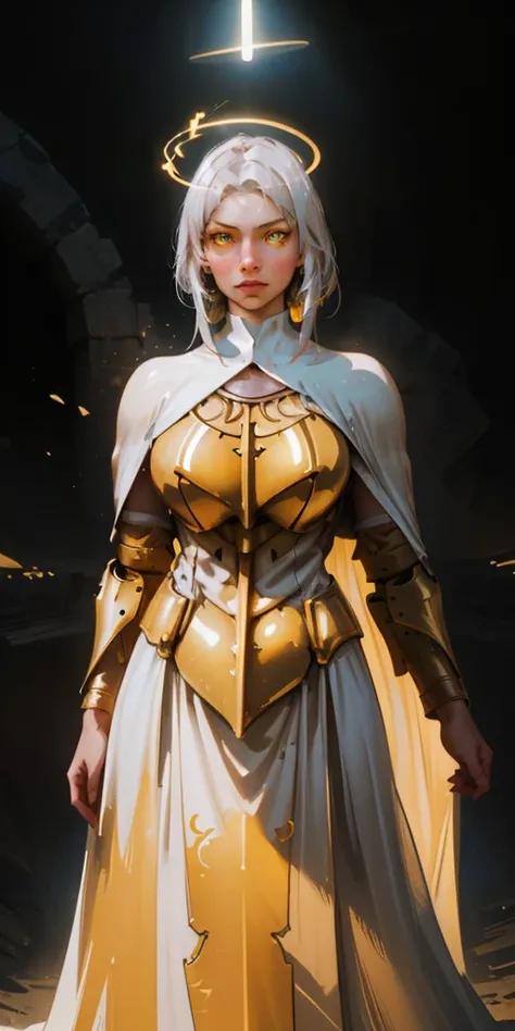 A powerful paladin lady with shimmering white silver hair and glowing yellow eyes stands tall in ornate golden armor. Her cape billows dramatically against a black background, and a halo of light surrounds her head. She gazes directly at the viewer, her fi...