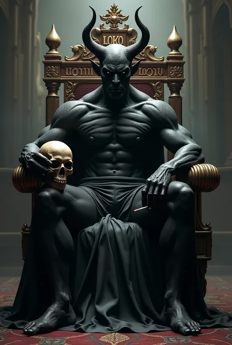 (photorealism:1.2), beautiful Imagine a black demon in 3D with a serene face but a challenging look, strong and slender body staring straight ahead, While holding a skull in his left hand and with his right hand he holds his menthol. His throne is majestic...