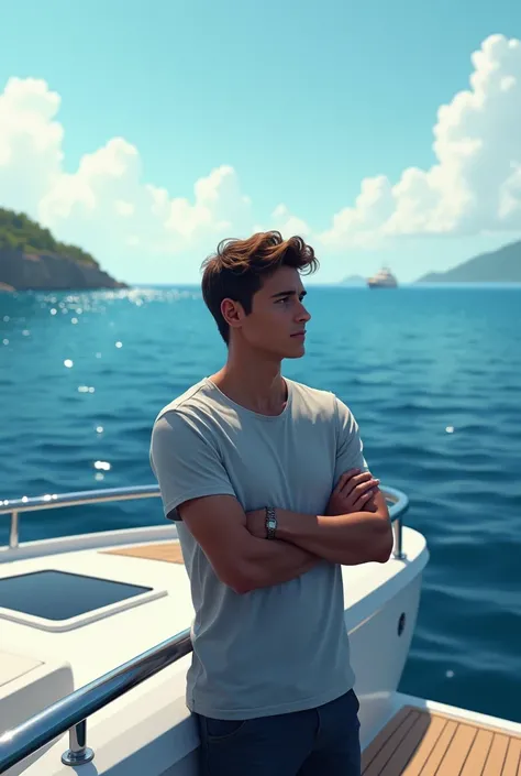 man (Not so big, something teenage) on a yacht looking at the horizon (arms crossed and lying on the shore) but stopped

