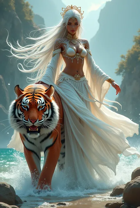 Black woman. Mermaid on land. Brown skin. White tattoos on face and body. Long flowing white hair.  White crown. White Chinese style robes. Riding on Red tiger. Chinese animation style. Ultra high quality.