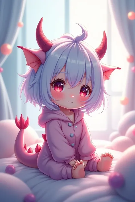 Baby anime, with dinosaur pajamas, white and light blue hair and light purple tips, red eyes, small horns and dragon tail Small


