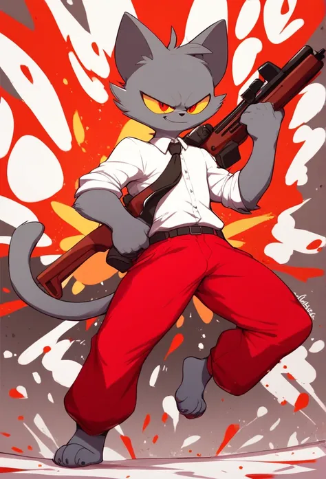 score_9, score_8_up, 1character, cat, gray fur, wearing a red suit, white shirt, black tie, red pants, half-open eyes, yellow sclera, red eyes, smirk, holding a rifle, in front of a explosion, full body, alone