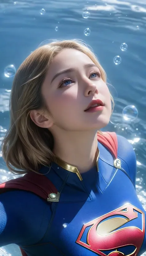 (masterpiece,highest quality,ultra_detailed,high resolution,absurdes:1.2), supergirlof costume, a girl in the water、eyes closed,...