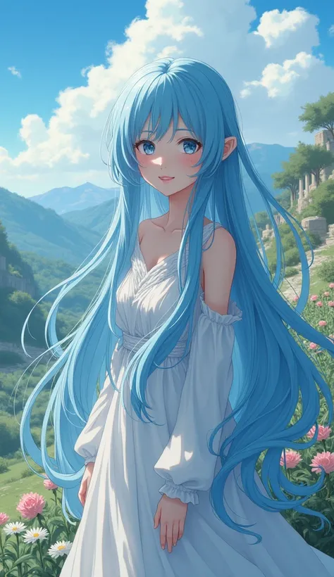  in greece surrounded by beautiful landscapes, surrounded by long, straight blue hair, and expressive eyes of blue or green tones. His face has delicate features, almost feminine, and his skin is pale. アニメ