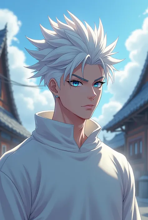 anime character, White hair, spiky hair, Pale skin, blue eyes, Long white eyelashes, male, muscular, big glossy lips, village cloudy,  grey eyebrows, white sweater, 