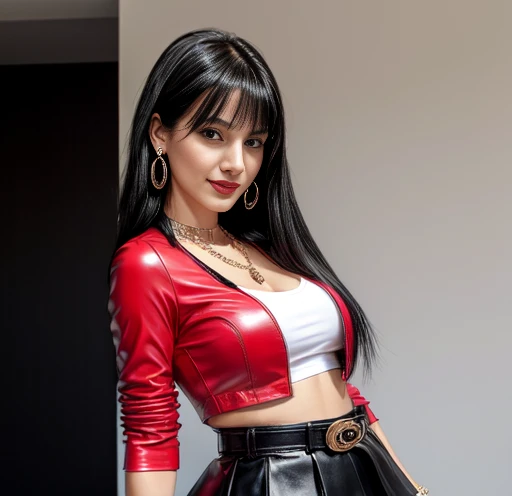 1 woman 30 years old, One, long straight black hair, bang,I look at the viewer, detailed eyes, shy smile,Jewelry, medium breast, earrings,belt, blue leather jacket over a tight red t-shirt,mini skirt,sheer white tights,NECKLACE, bracelet, lips,((Dynamic an...