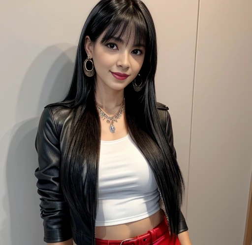 1 woman 30 years old, One, long straight black hair, bang,I look at the viewer, detailed eyes, shy smile,Jewelry, medium breast, earrings,belt, blue leather jacket over a tight red t-shirt,mini skirt,sheer white tights,NECKLACE, bracelet, lips,((Dynamic an...