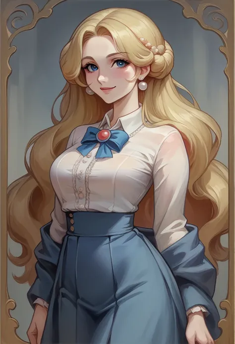 "A mature and elegant teenage girl with long, wavy golden blonde hair and deep blue eyes, wearing a traditional Japanese school uniform with a navy-blue skirt and white blouse. She is standing and looking at the camera with a graceful smile. She has a whit...