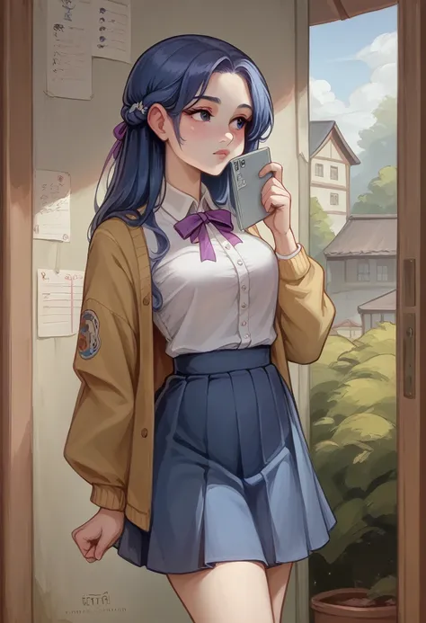 "A quiet and reserved teenage girl with long, straight dark blue hair and pale skin, wearing a traditional Japanese school uniform with a navy-blue skirt and white blouse. She is standing and looking at the camera with a calm and serene expression. She has...