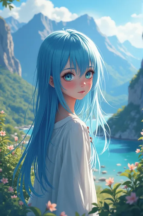 child in greece surrounded by beautiful landscapes, surrounded by long, straight blue hair, and expressive eyes of blue or green tones. His face has delicate features, almost feminine, and his skin is pale. anime homem