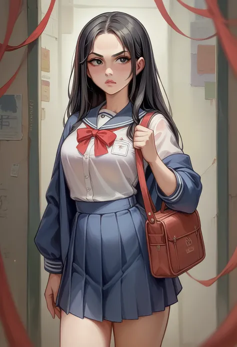 "A teenage girl with long, straight black hair and a serious expression, wearing a traditional Japanese school uniform with a navy-blue skirt and white blouse, standing straight and looking directly at the camera. She has a red ribbon around her neck and i...