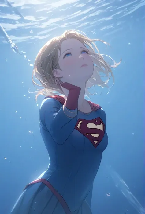 (masterpiece,highest quality,ultra_detailed,high resolution,absurdes:1.2), supergirlof costume, a girl in the water、eyes closed,...