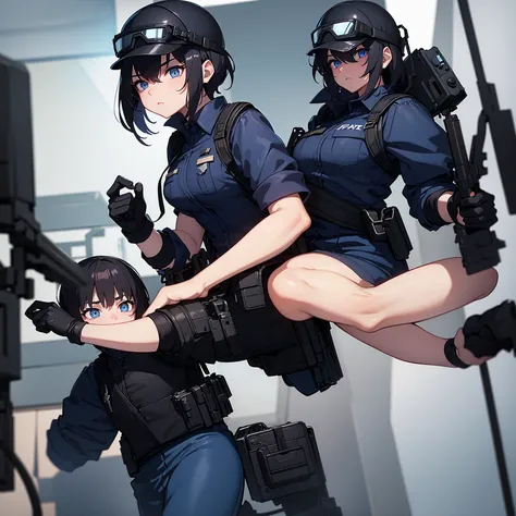 Girl, Team fortress 2 art style, SWAT officer, dark navy uniform, thick black vest, black tactical helmet, tactical gloves, tactical goggles, black short bangs, blue eyes