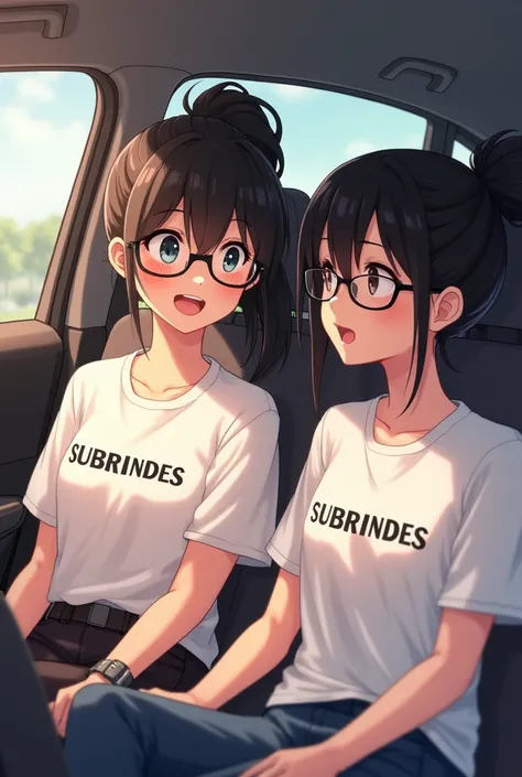 two friends inside the car. one with black hair tied up wearing black framed glasses and happy wearing a white SUBBRINDES t-shirt and the other friend with black hair in a bun, happy and wearing a white SUBBRINDES t-shirt