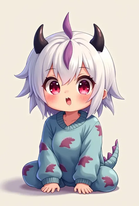 Anime baby with dinosaur pajamas With white hair with purple and light blue Small fangs and two black horns Red eyes