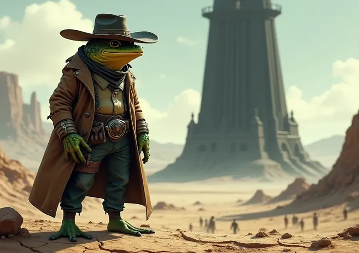 An anthropomorphized frog being a gunslinger, contemplating a huge black tower in the distance