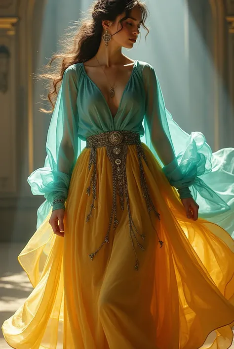 Golden petticoat, intricate metal laces hanging from the arms and torso, falling loosely to the ground, fine turquoise tunic over, that the gold is seen by neglect, Light, graceful, full of movement 