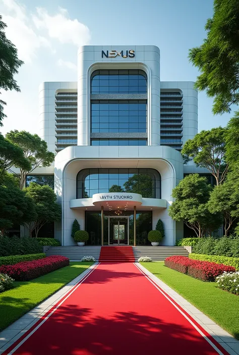 A luxurious, presidential standard company headquarters with the name NEXUS(CCAO) on it and red carpet on entrance with Singaporean architecture,grass, flowers and on its own space and compound where is the name NEXUS (CCAO) cant see the words 