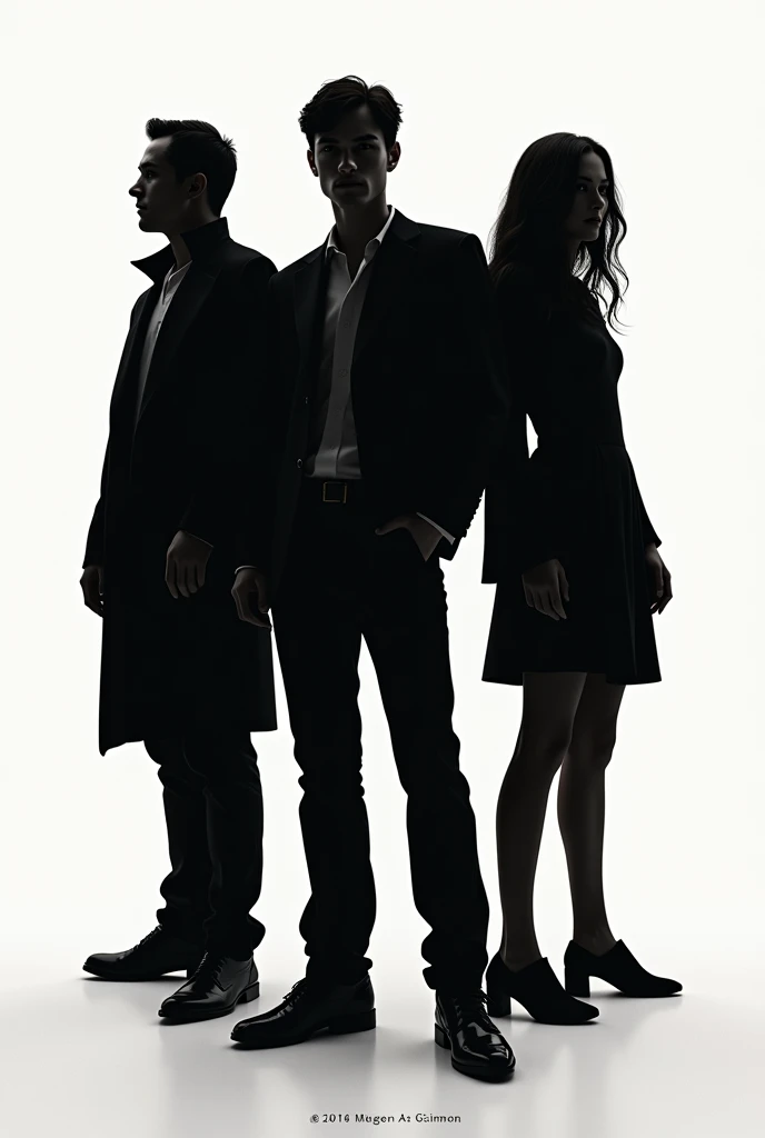 Book cover with name of person and character, three men and one woman in black silhouette