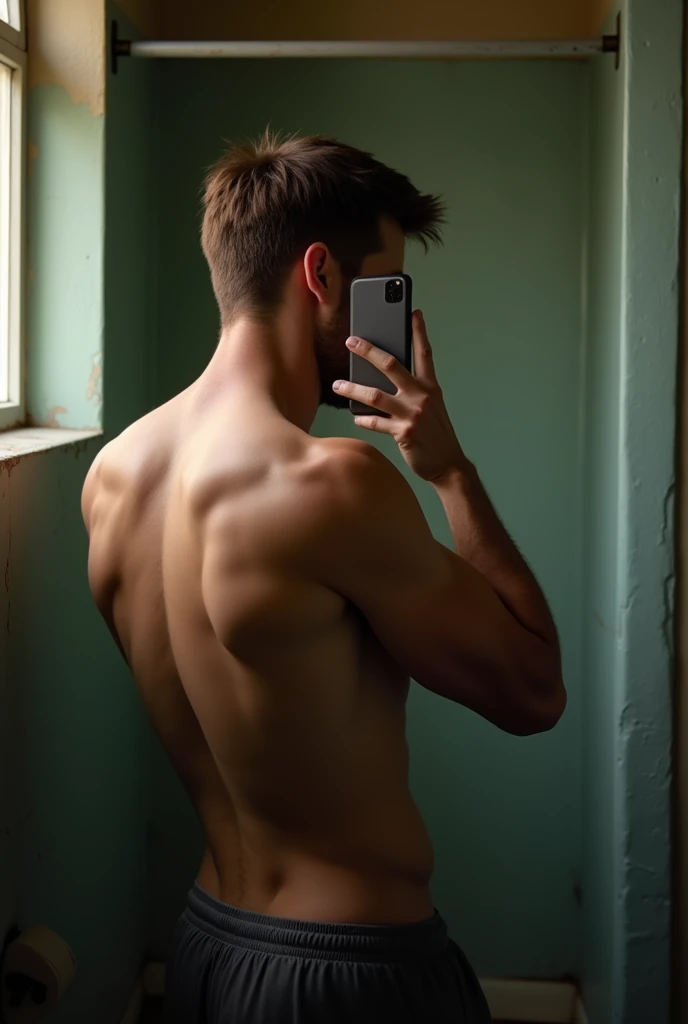 cellphone camera bathroom selfie, stained mirror flash morning light, athletic man wearing shorts, showing back muscles flexing, short brown hair, stub, covering face with cellphone. portrait sized