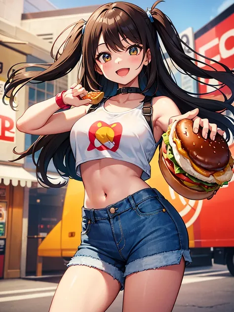 A cheerful girl smiling while holding a hamburger in one hand. She is posed dynamically, wearing denim shorts and a cropped top, exuding a fun, lively energy.