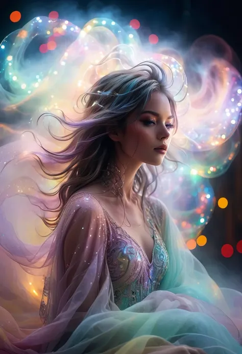 Pastel colors, abstract styles, ethereal photo of mystical figures draped in twinkling lights in a dreamy swirl of colorful smog, crystals adorning the head. Stillness and elusive beauty, surrealism, color and form, emotional expression, imagination, (ghos...