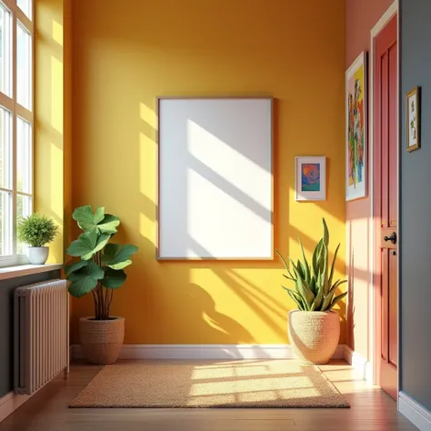 A hyper-realistic HDR hallway scene in a modern home, filled with vibrant colors and crisp details. A vertical A4 frame with a blank white canvas is hung on a brightly painted wall, creating a focal point in the corridor. The hallway is decorated with play...