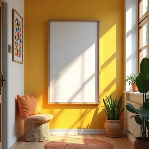 A hyper-realistic HDR hallway scene in a modern home, filled with vibrant colors and crisp details. A vertical A4 frame with a blank white canvas is hung on a brightly painted wall, creating a focal point in the corridor. The hallway is decorated with play...